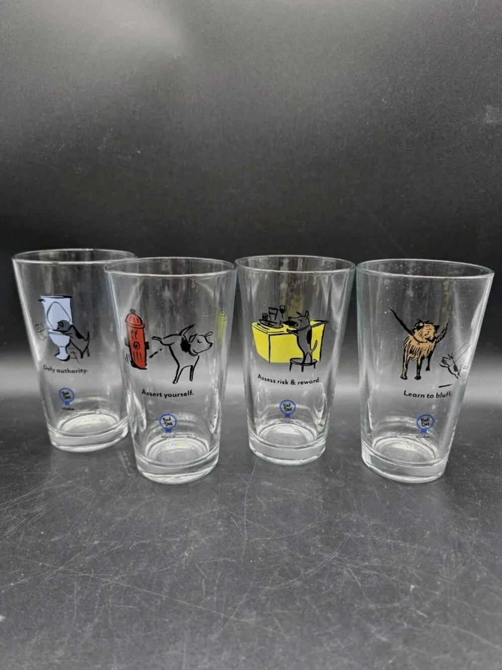 Bad Dog Wisdom Tall Drinking Glasses Set of 4 Whimsical Barware Canine Puppy